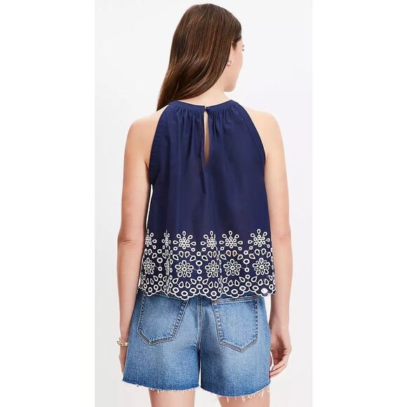 LOFT Ann Taylor Tank Women's Size Extra Small Linen Blend Daisy Eyelet Scallop - Picture 2 of 14